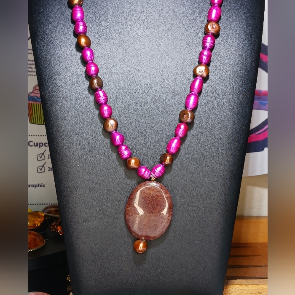 Tahitian Baroque Freshwater Purple Color Pearl 23" Necklace Oval Stone Pendant